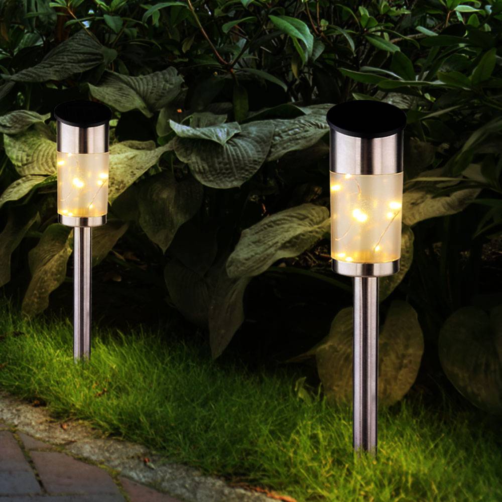2x LED Solar Steck Lampen Lichterkette Edelstahl Balkon Erdspieß Garten Lampe silber