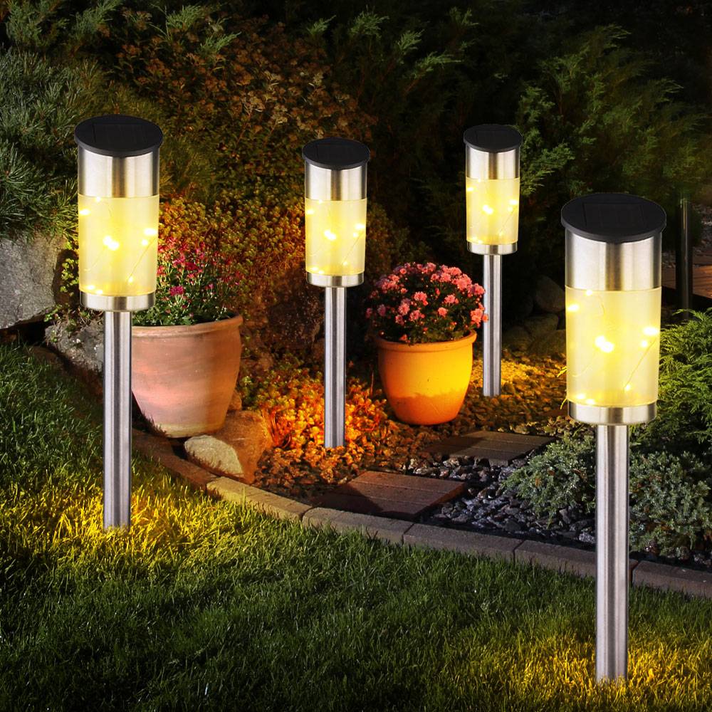 2x LED Solar Steck Lampen Lichterkette Edelstahl Balkon Erdspieß Garten Lampe silber