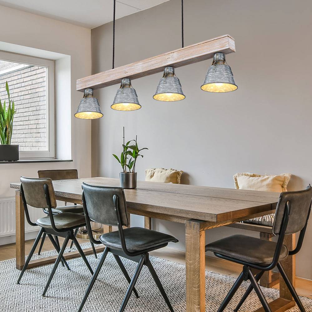 Holzlampe Hängelampe Hängeleuchte Pendelleuchte Holzbalkenleuchte, 4 Flammig Landhaus Metall antik Holz natur, 4x E27 Fassungen, LxBxH 85x14x85cm