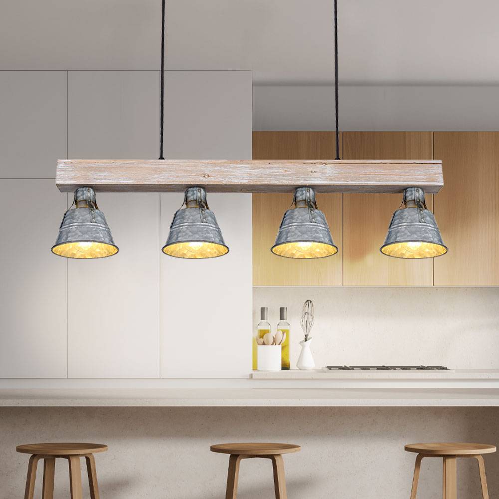 Holzlampe Hängelampe Hängeleuchte Pendelleuchte Holzbalkenleuchte, 4 Flammig Landhaus Metall antik Holz natur, 4x E27 Fassungen, LxBxH 85x14x85cm