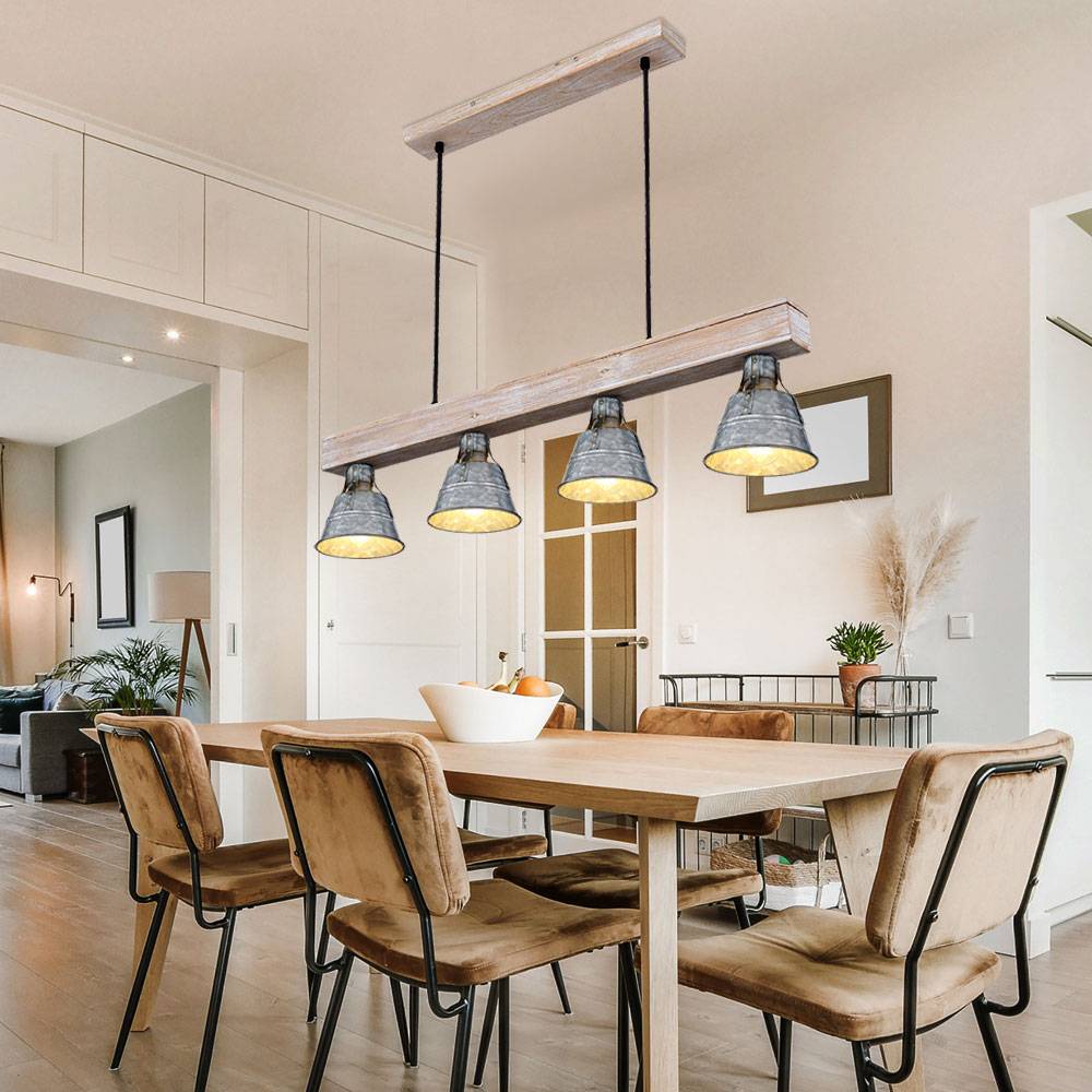 Holzlampe Hängelampe Hängeleuchte Pendelleuchte Holzbalkenleuchte, 4 Flammig Landhaus Metall antik Holz natur, 4x E27 Fassungen, LxBxH 85x14x85cm