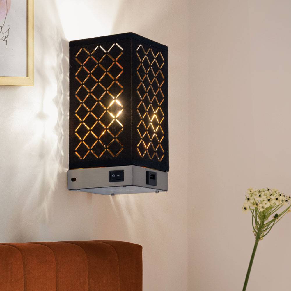 Wandleuchte Wandlampe Stoffschirm Wohnzimmerlampe schwarz gold mit USB Anschluss, Metall Textil, 1x E14, BxH 10x20,5 cm