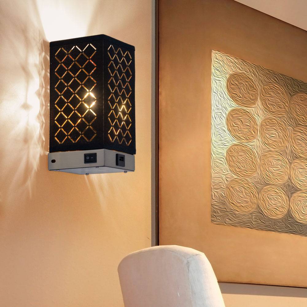 Wandleuchte Wandlampe Stoffschirm Wohnzimmerlampe schwarz gold mit USB Anschluss, Metall Textil, 1x E14, BxH 10x20,5 cm