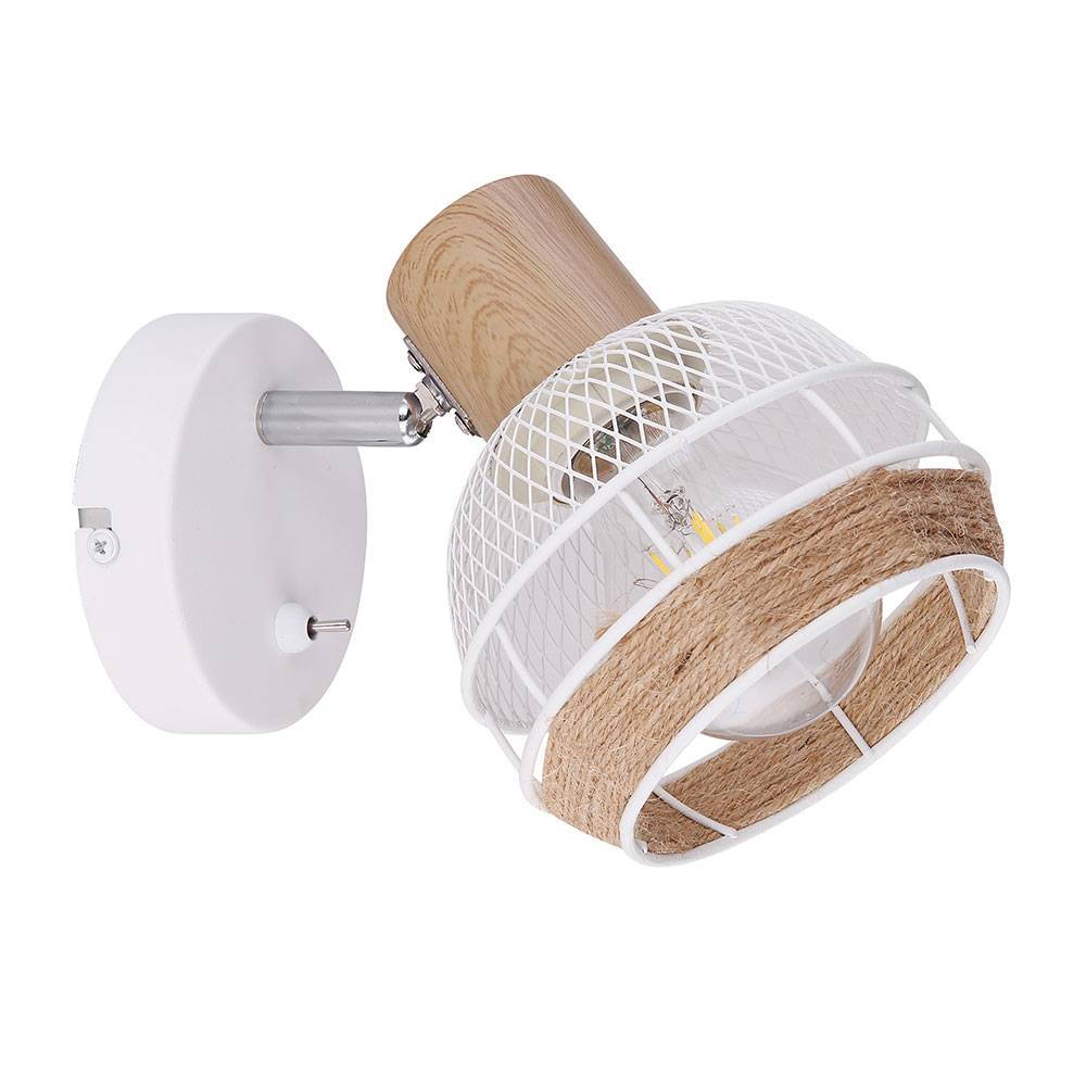 Wandlampe Boho Style Wandleuchte Schlafzimmer mit Schalter Wandlampe Holz Flur, verstellbarer Strahler Hanfseil, natur weiß, 1x E27, BxH 12,2x15 cm
