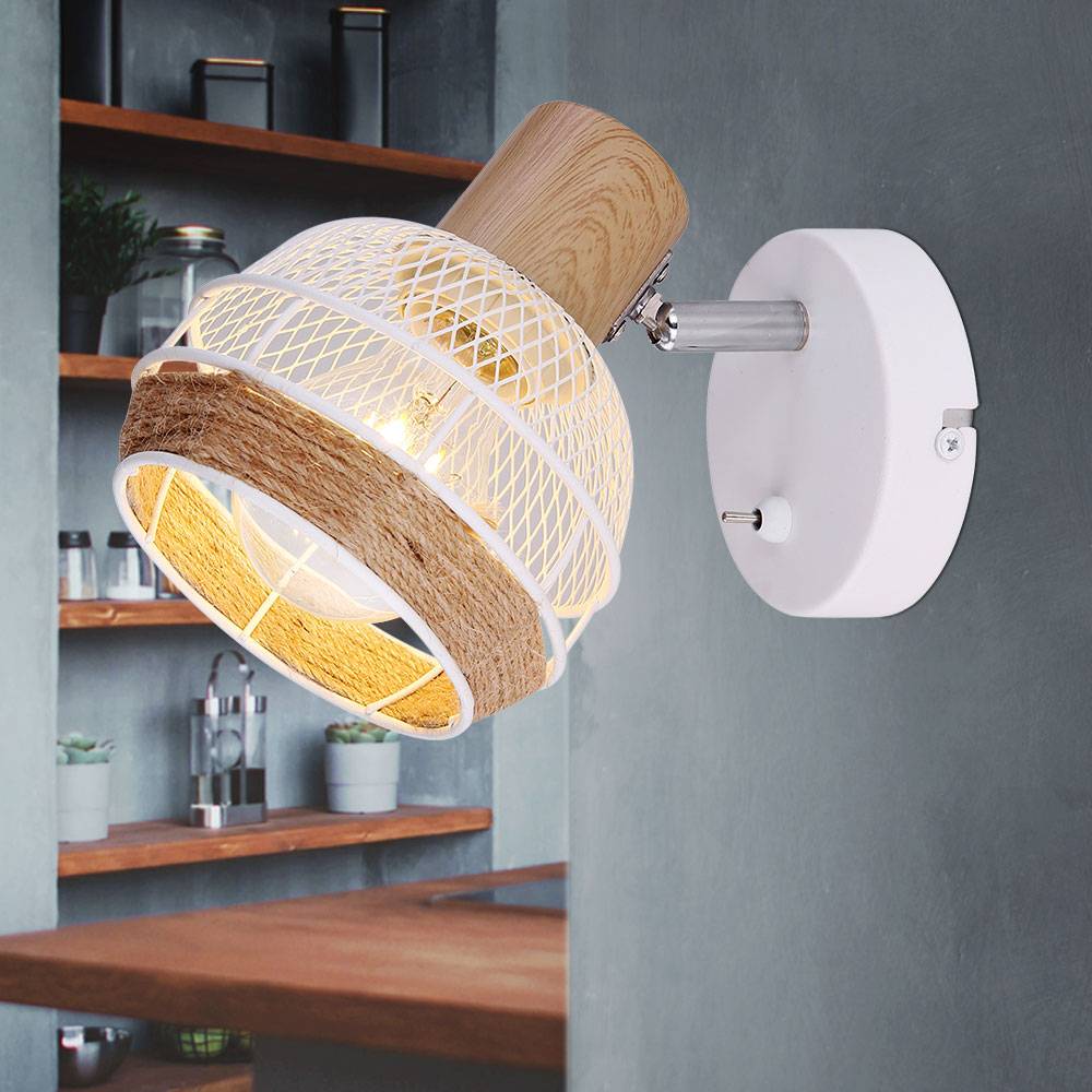 Wandlampe Boho Style Wandleuchte Schlafzimmer mit Schalter Wandlampe Holz Flur, verstellbarer Strahler Hanfseil, natur weiß, 1x E27, BxH 12,2x15 cm