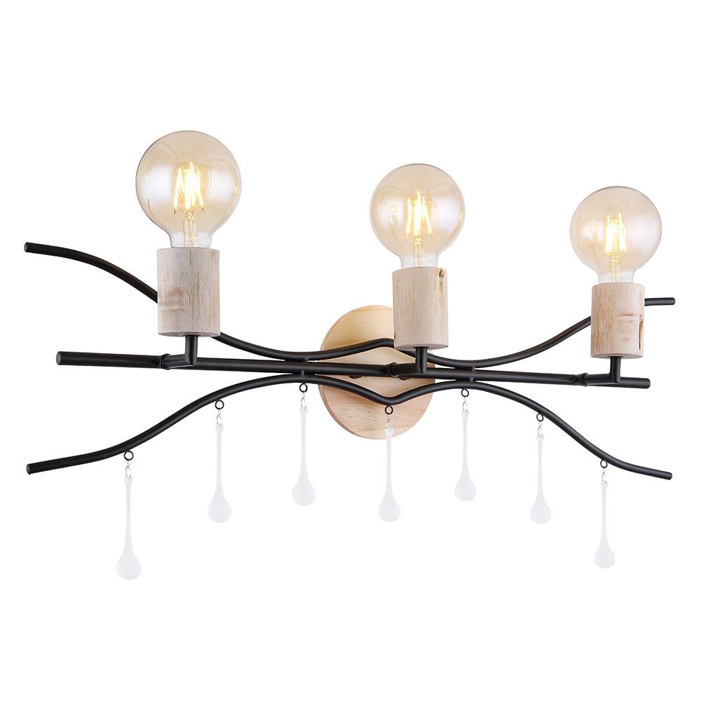 Wandleuchte länglich, Geäst satiniert Holz Glasstäbe natur schwarz matt