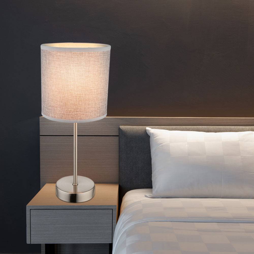 Tischlampe grauer Schirm Nachttischlampe 35 cm hoch Tischleuchte silber modern, Textil, 1x E14, DxH 15x35 cm