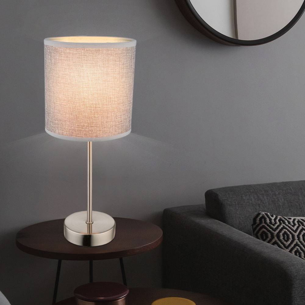 Tischlampe grauer Schirm Nachttischlampe 35 cm hoch Tischleuchte silber modern, Textil, 1x E14, DxH 15x35 cm