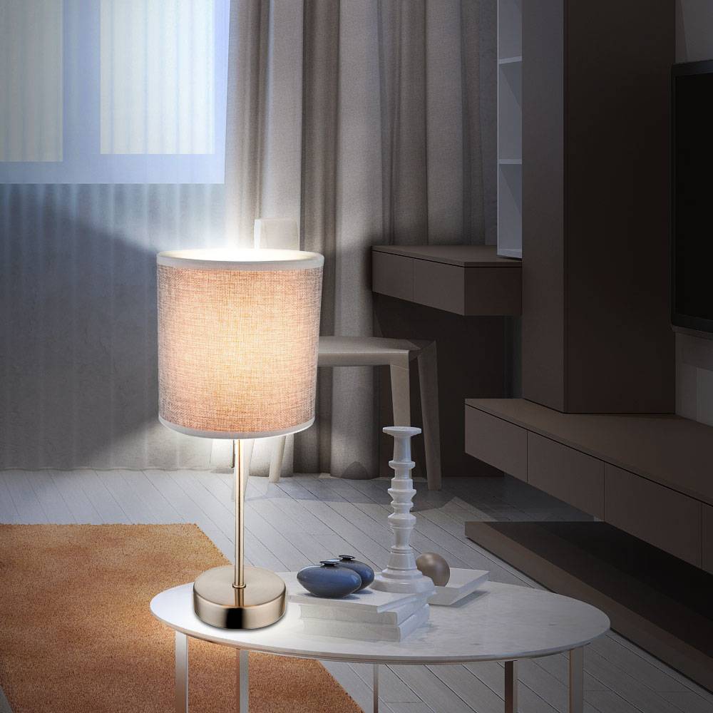 Tischlampe grauer Schirm Nachttischlampe 35 cm hoch Tischleuchte silber modern, Textil, 1x E14, DxH 15x35 cm