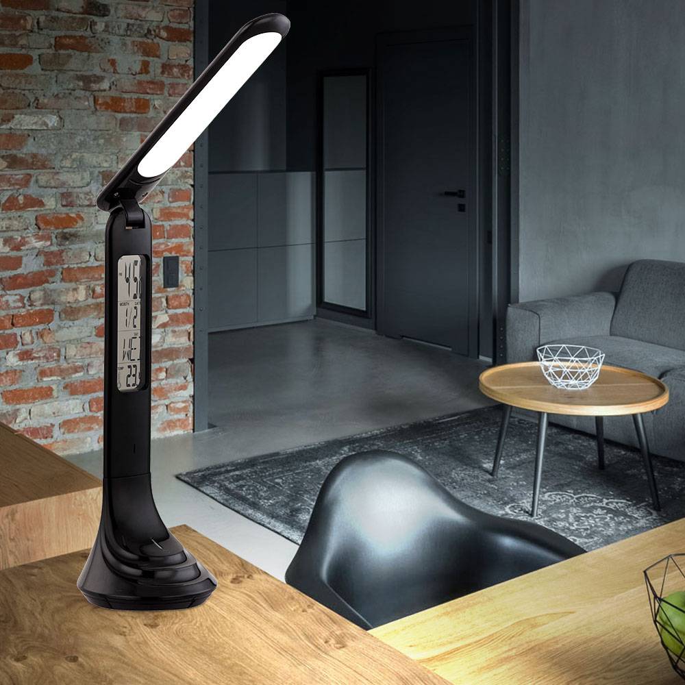 Kabellose Schreibtischlampe mit Akku LED Nachttischlampe Touch dimmbar Tischlampe mit Uhr, beweglicher Spot, schwarz, 4W 200lm neutralweiß, LxH