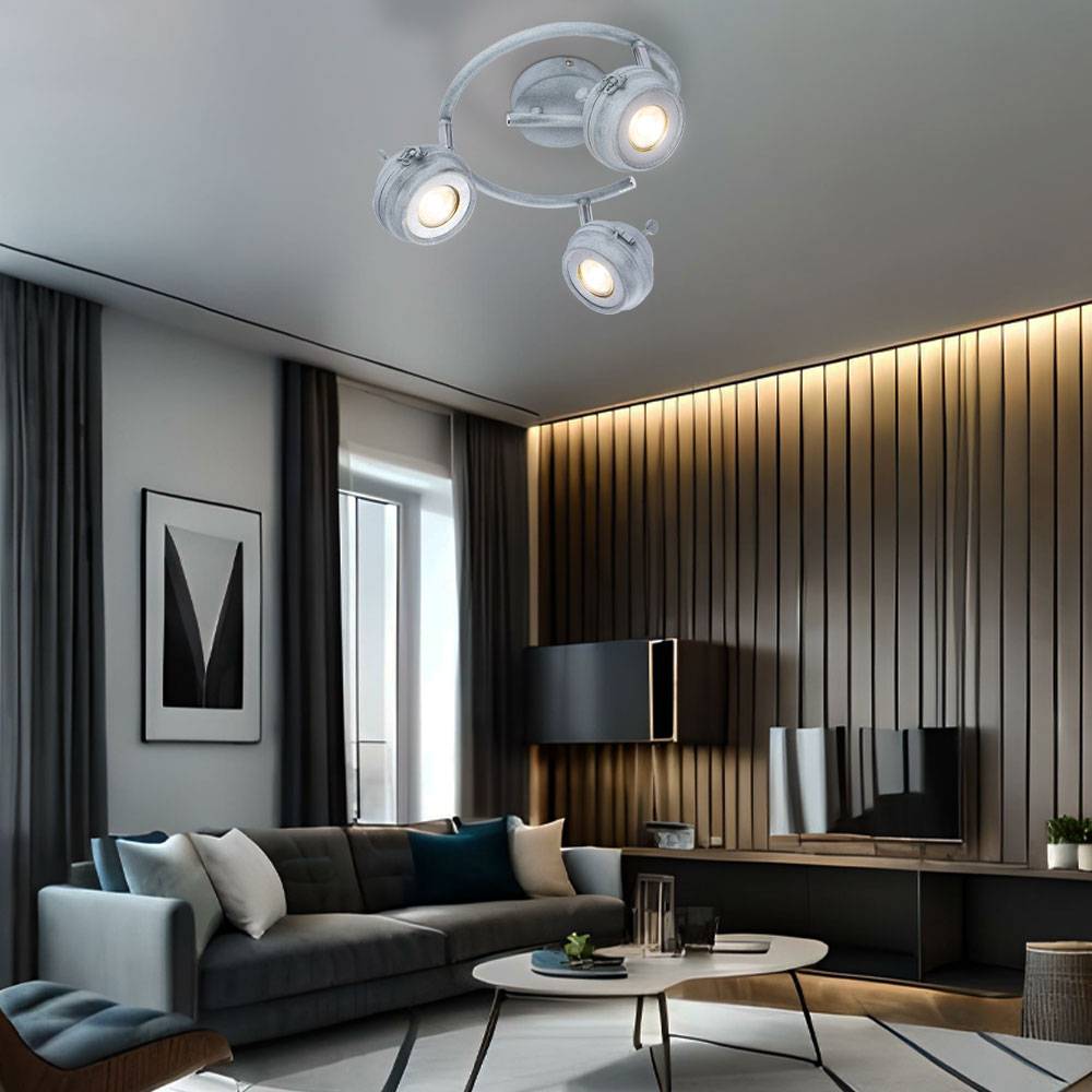 Spotleuchte Deckenlampe Deckenleuchte Wohnzimmerlampe Küche, 3 flammig Spots beweglich, Metall grau antik, 3x GU10 LED 5 Watt 340 Lumen, 2er Set