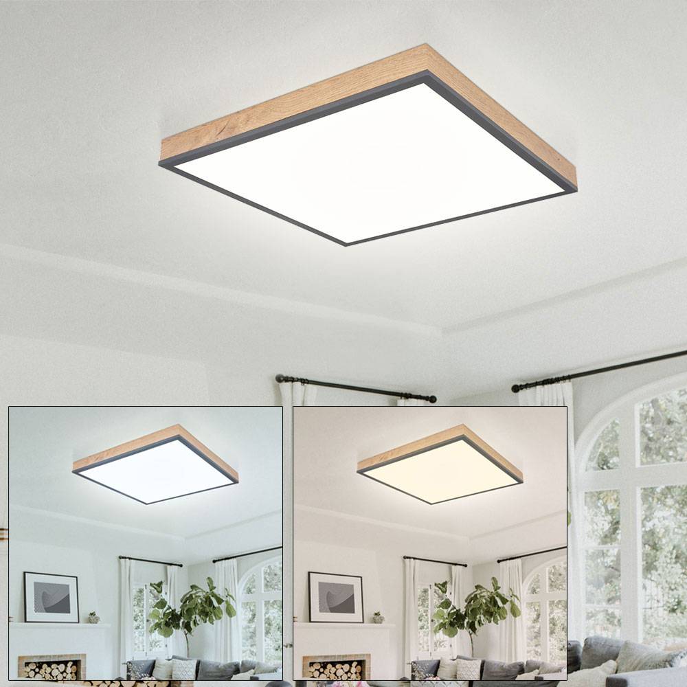 LED Deckenleuchte mit Fernbedienung Holzleuchte dimmbar Wohnzimmerlampe CCT, Farben fixierbar Nachtlicht, Holzoptik Graphit opal, 1x LED 24 Watt