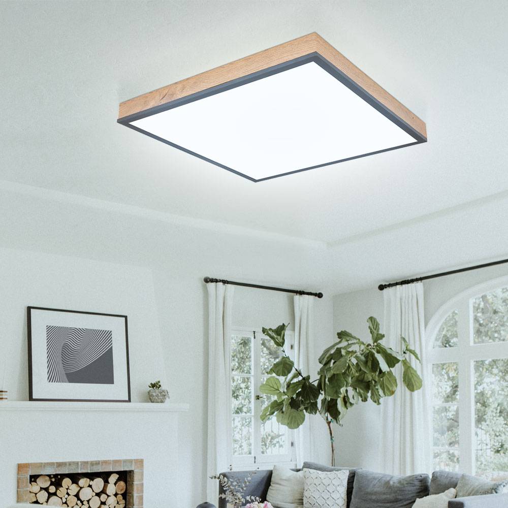 LED Deckenleuchte mit Fernbedienung Holzleuchte dimmbar Wohnzimmerlampe CCT, Farben fixierbar Nachtlicht, Holzoptik Graphit opal, 1x LED 24 Watt