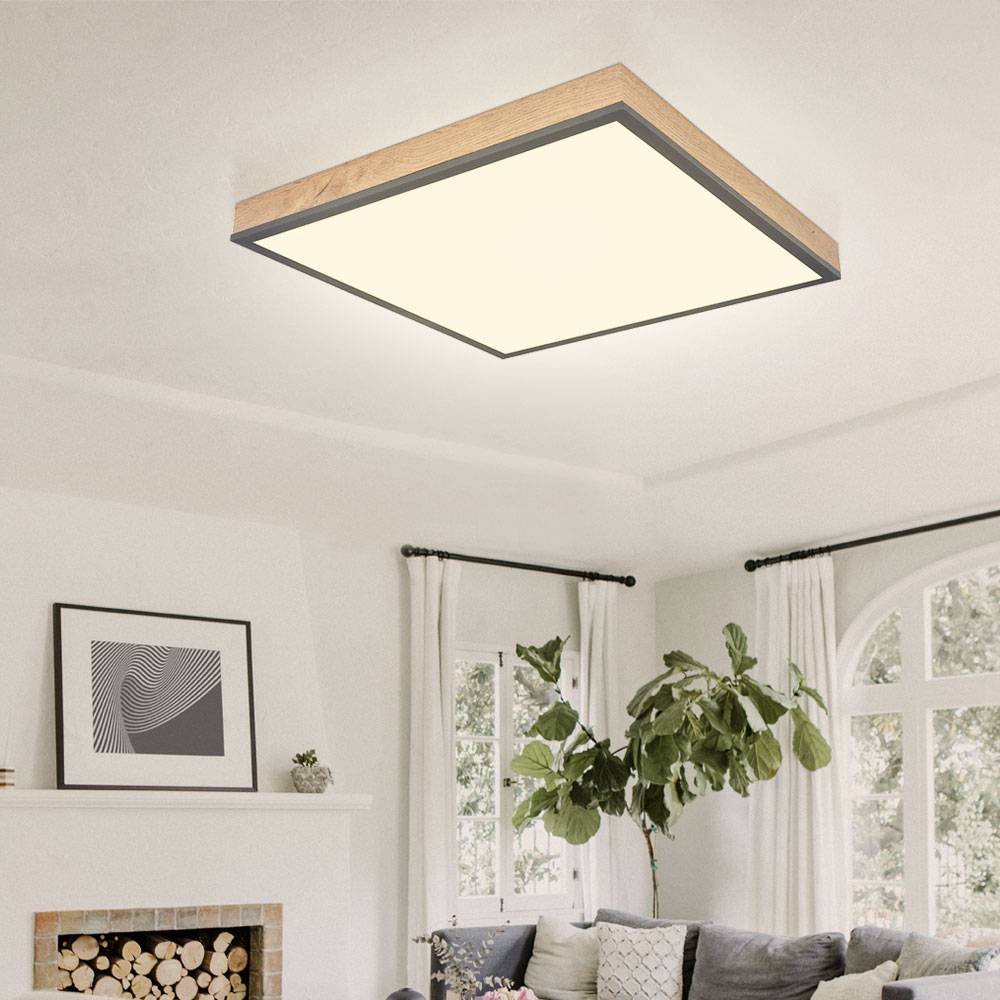 LED Deckenleuchte mit Fernbedienung Holzleuchte dimmbar Wohnzimmerlampe CCT, Farben fixierbar Nachtlicht, Holzoptik Graphit opal, 1x LED 24 Watt