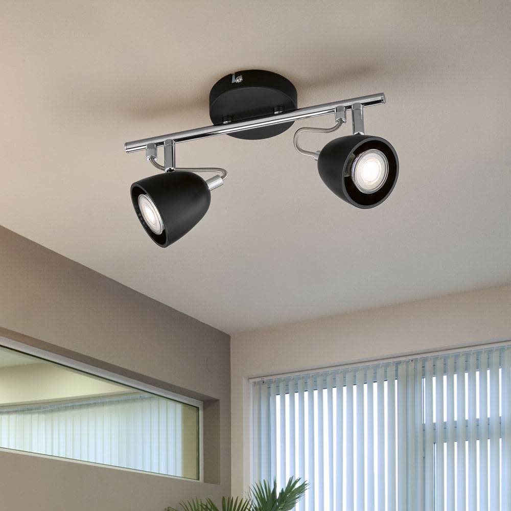 Deckenleuchte Metall schwarz Deckenstrahler 2flammig Deckenlampe zwei Strahler, schwenkbar, chrom, 2x LED 4W 320Lm warmweiß, LxBxH 30x10x16 cm