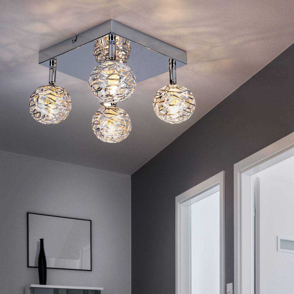 Deckenleuchte Kugeln chrom Wohnzimmerlampe Deckenlampe Geflecht Flurlampe schwenkbar, Metall, 4x G9 460Lm warmweiß, LxBxH 25x20x15 cm