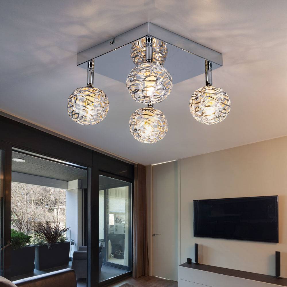 Deckenleuchte Kugeln chrom Wohnzimmerlampe Deckenlampe Geflecht Flurlampe schwenkbar, Metall, 4x G9 460Lm warmweiß, LxBxH 25x20x15 cm