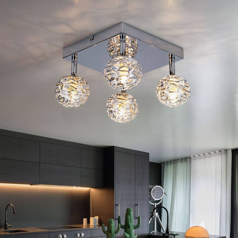 Deckenleuchte Kugeln chrom Wohnzimmerlampe Deckenlampe Geflecht Flurlampe schwenkbar, Metall, 4x G9 460Lm warmweiß, LxBxH 25x20x15 cm