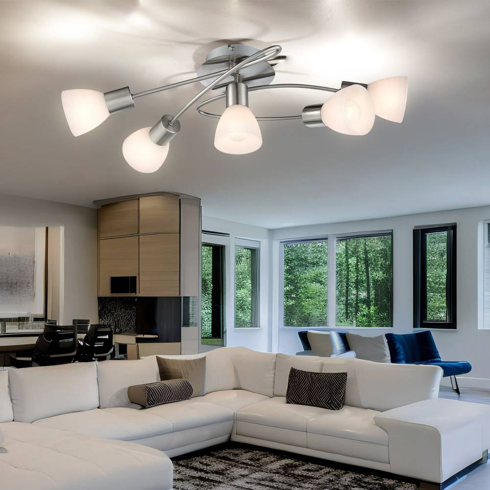 Deckenleuchte 5 Strahler Spotleuchte Flurlampe Deckenlampe Glas weiß, Metall nickel, 5x E14 Fassung, LxBxH 61x36,5x21 cm