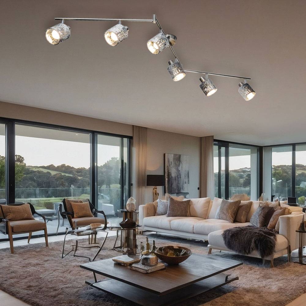 Deckenlampe Deckenleuchte 6 flammig Spotleiste schwenkbar Wohnzimmerleuchte, Metall Samt silber, 6x E14 LxH 145x18 cm