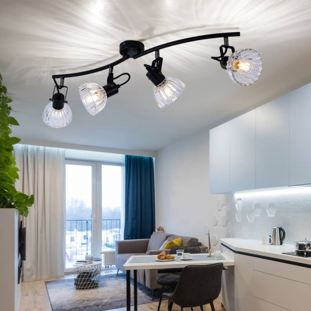 Deckenstrahler Spotleiste schwarz Deckenleuchte 4 flammig Deckenlampe Wohnzimmer, Spots schwenkbar, Metall Glas, 4x E14, LxH 70 x 18 cm