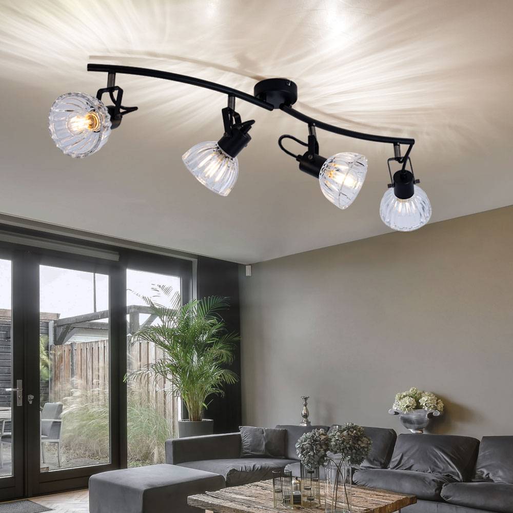 Deckenstrahler Spotleiste schwarz Deckenleuchte 4 flammig Deckenlampe Wohnzimmer, Spots schwenkbar, Metall Glas, 4x E14, LxH 70 x 18 cm