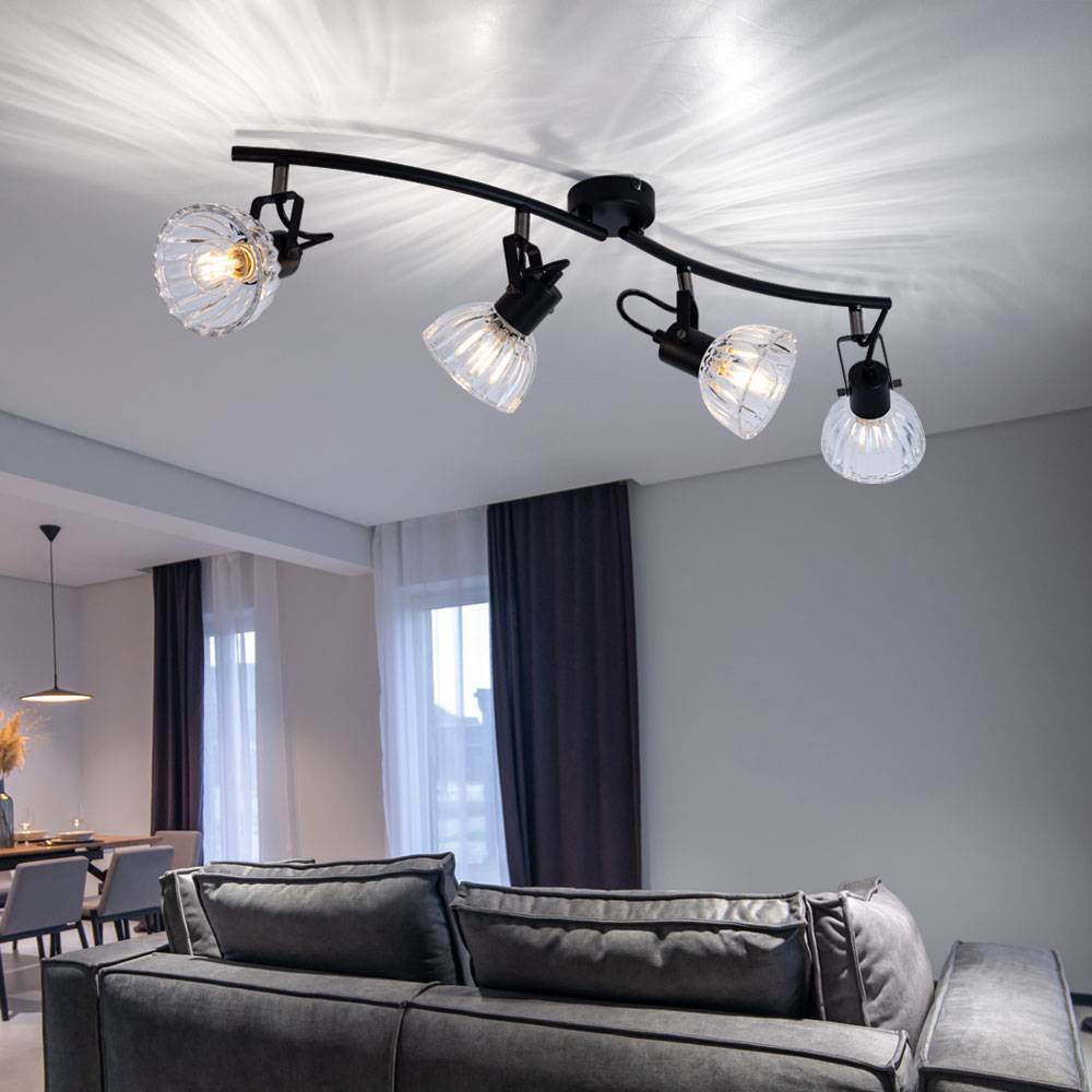 Deckenstrahler Spotleiste schwarz Deckenleuchte 4 flammig Deckenlampe Wohnzimmer, Spots schwenkbar, Metall Glas, 4x E14, LxH 70 x 18 cm