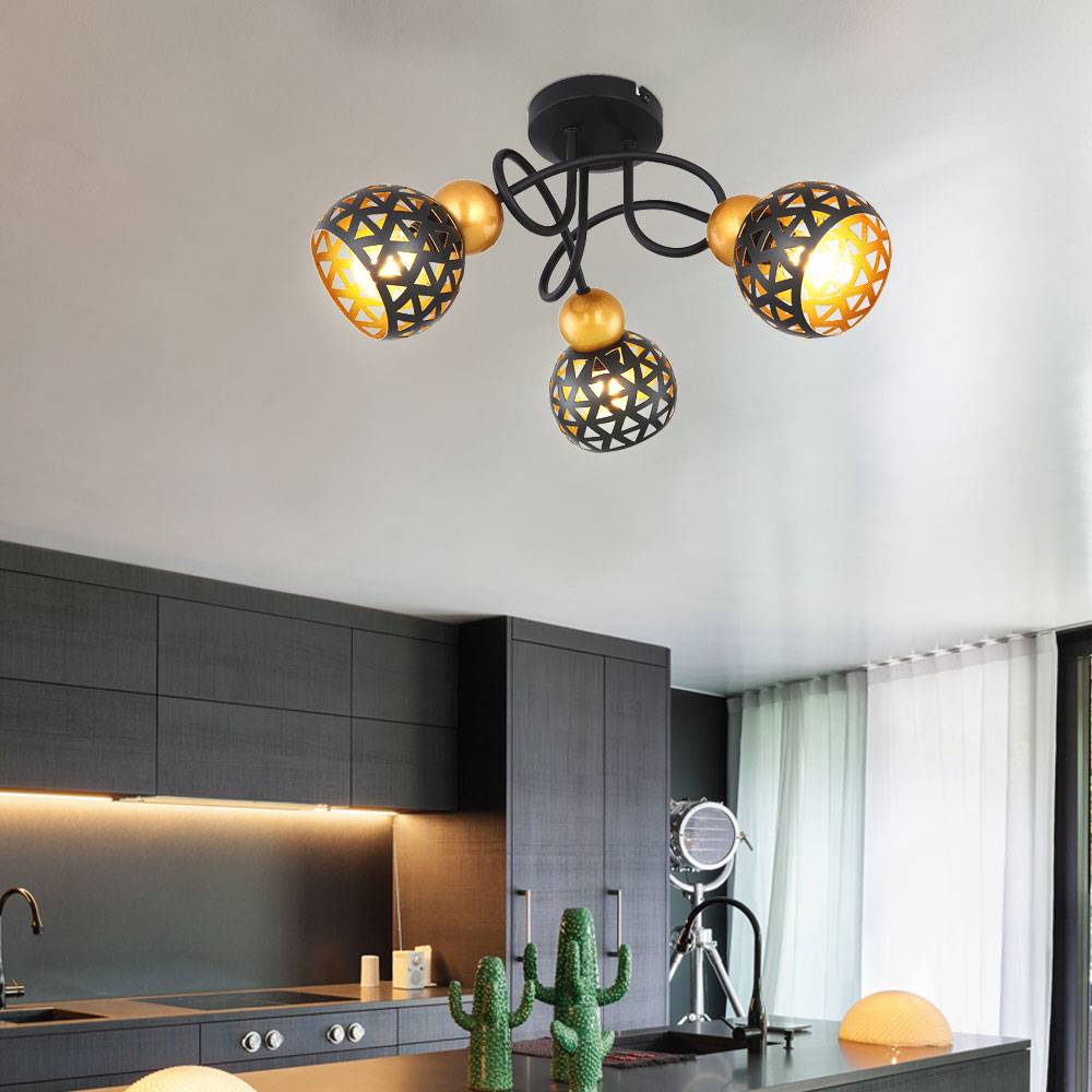 Deckenleuchte Metall schwarz Wohnzimmer gold Spotleuchte 3 flammig Deckenlampe Spots beweglich, Orientalisch Metall, 3x E14 Fassungen, DxH 39x20 cm