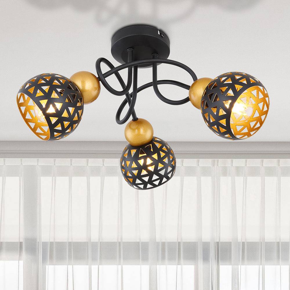 Deckenleuchte Metall schwarz Wohnzimmer gold Spotleuchte 3 flammig Deckenlampe Spots beweglich, Orientalisch Metall, 3x E14 Fassungen, DxH 39x20 cm