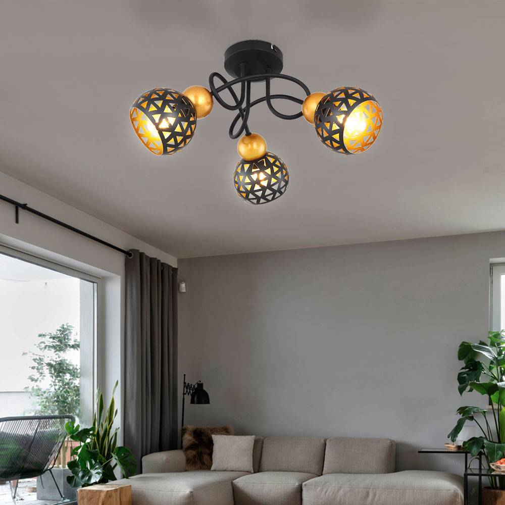 Deckenleuchte Metall schwarz Wohnzimmer gold Spotleuchte 3 flammig Deckenlampe Spots beweglich, Orientalisch Metall, 3x E14 Fassungen, DxH 39x20 cm