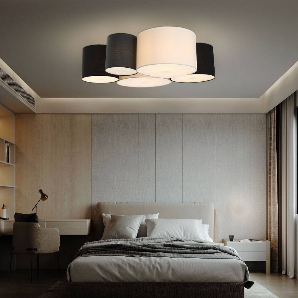 Deckenlampe Wohnzimmer rund Stoff Leuchte Schlafzimmer modern Deckenleuchte Textil 5 flammig, unterschiedliche große Schirme, 5x E27, LxBxH 90x76x26