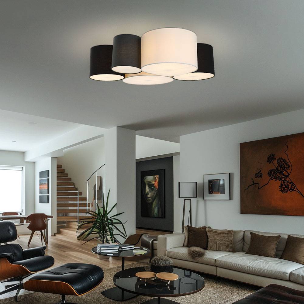 Deckenlampe Wohnzimmer rund Stoff Leuchte Schlafzimmer modern Deckenleuchte Textil 5 flammig, unterschiedliche große Schirme, 5x E27, LxBxH 90x76x26