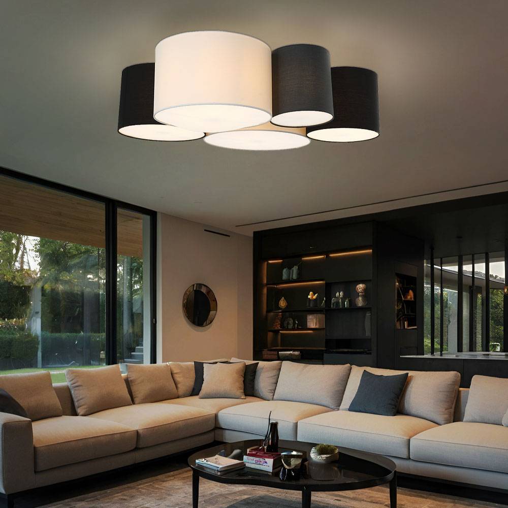 Deckenlampe Wohnzimmer rund Stoff Leuchte Schlafzimmer modern Deckenleuchte Textil 5 flammig, unterschiedliche große Schirme, 5x E27, LxBxH 90x76x26