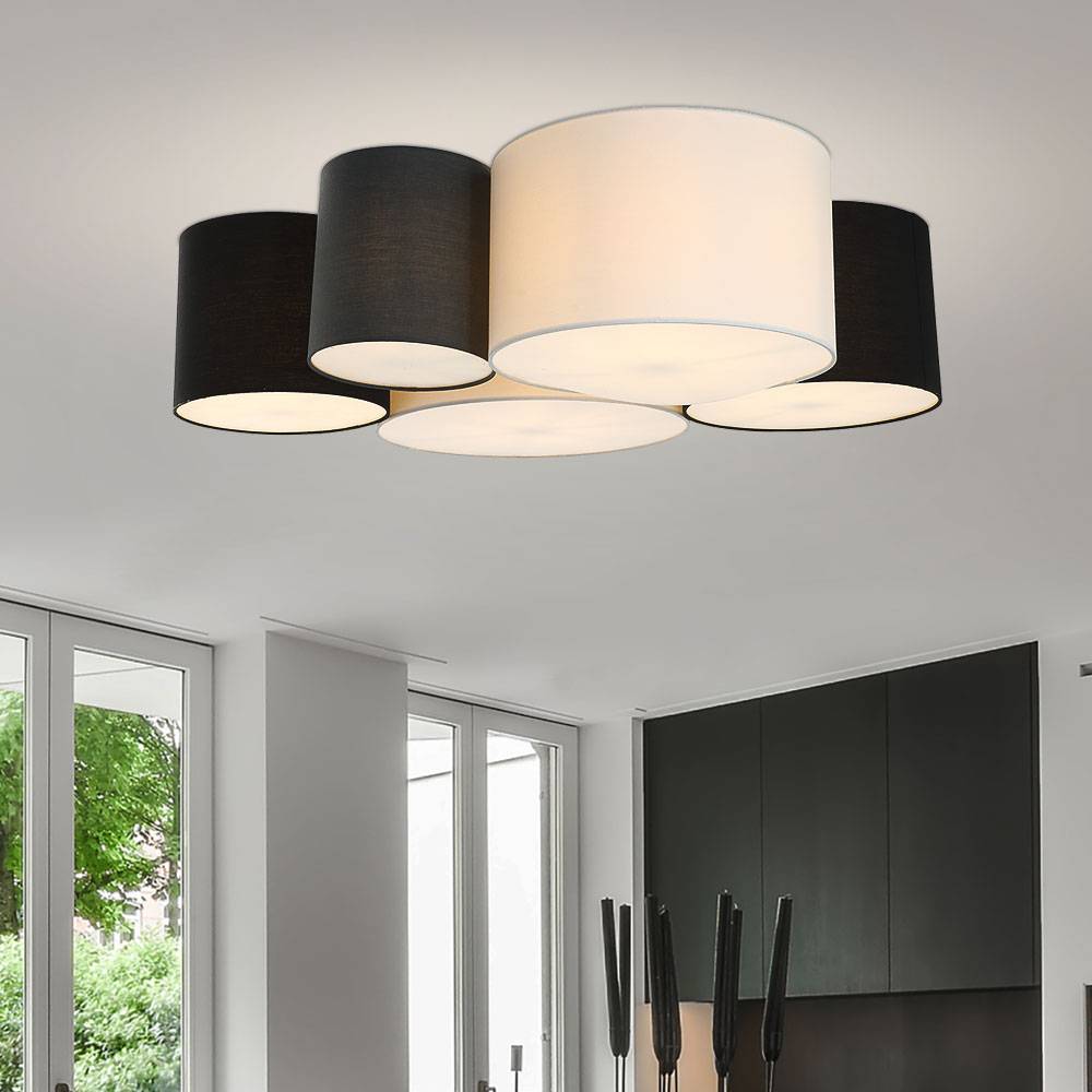 Deckenlampe Wohnzimmer rund Stoff Leuchte Schlafzimmer modern Deckenleuchte Textil 5 flammig, unterschiedliche große Schirme, 5x E27, LxBxH 90x76x26