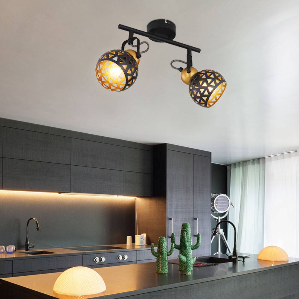 Deckenleuchte Metall schwarz gold Deckenstrahler 2 flammig Deckenlampe mit schwenkbaren Spots, Metall, Muster, 2x E14 Fassungen, LxBxH 25x10x17,5 cm