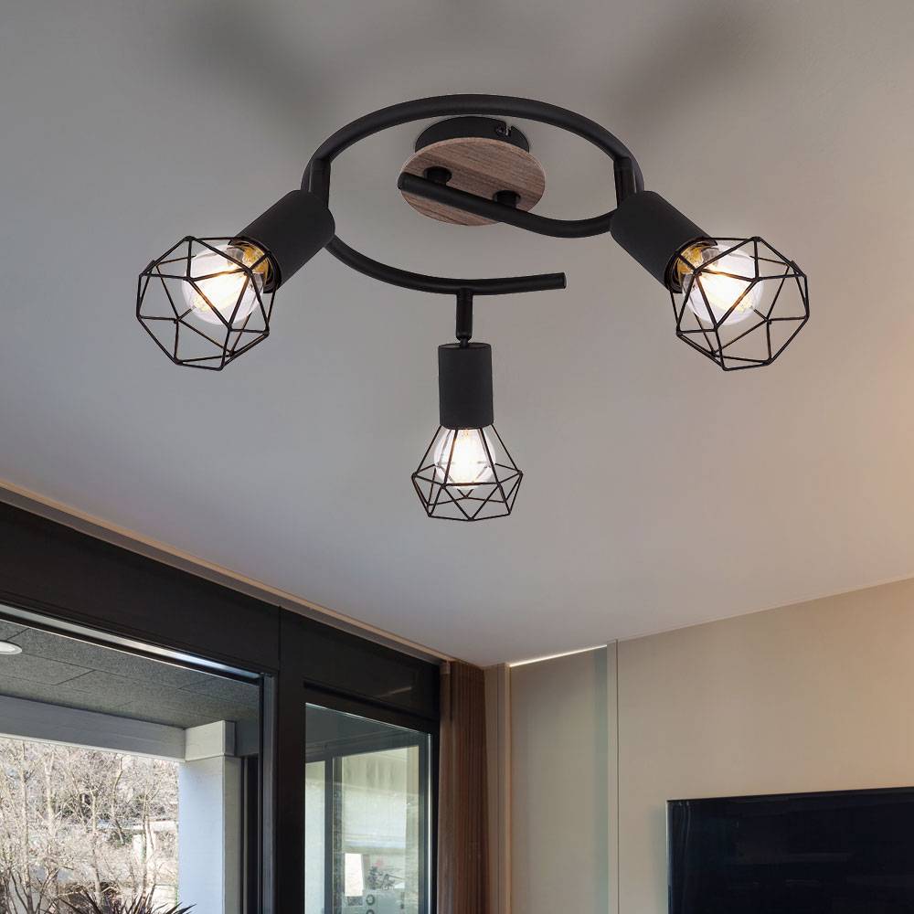 Deckenlampe Spotstrahler Rondell Holz Wohnzimmerlampe Industriell Rondell Deckenleuchte 3 flammig zum verstellen, Metall Gitter schwarz, 3x E14