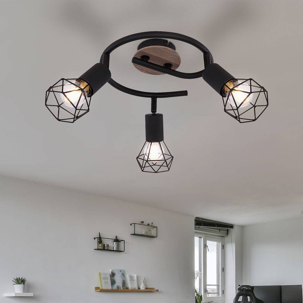 Deckenlampe Spotstrahler Rondell Holz Wohnzimmerlampe Industriell Rondell Deckenleuchte 3 flammig zum verstellen, Metall Gitter schwarz, 3x E14