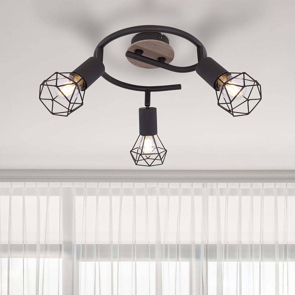 Deckenlampe Spotstrahler Rondell Holz Wohnzimmerlampe Industriell Rondell Deckenleuchte 3 flammig zum verstellen, Metall Gitter schwarz, 3x E14