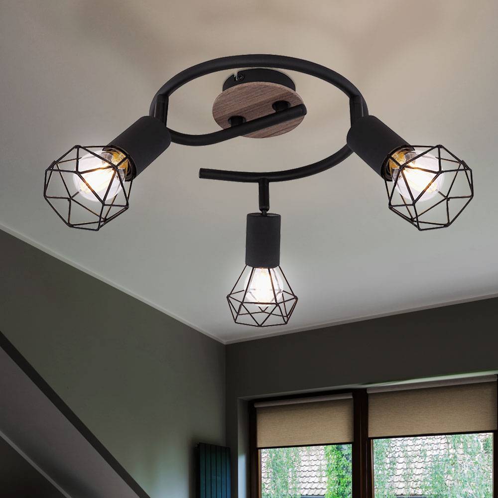 Deckenlampe Spotstrahler Rondell Holz Wohnzimmerlampe Industriell Rondell Deckenleuchte 3 flammig zum verstellen, Metall Gitter schwarz, 3x E14