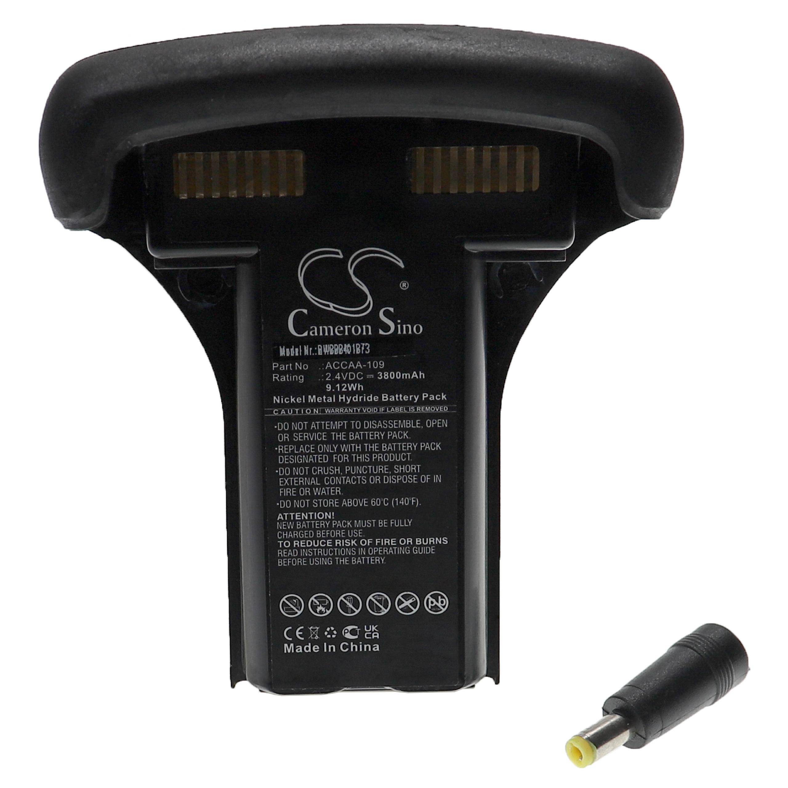 Schwarzes wiederaufladbares Batteriepack der Marke Cameron Sino mit Beschriftungen, gezeigt in Vorderansicht, plus ein kleiner Fassverbinderstecker unten rechts.
