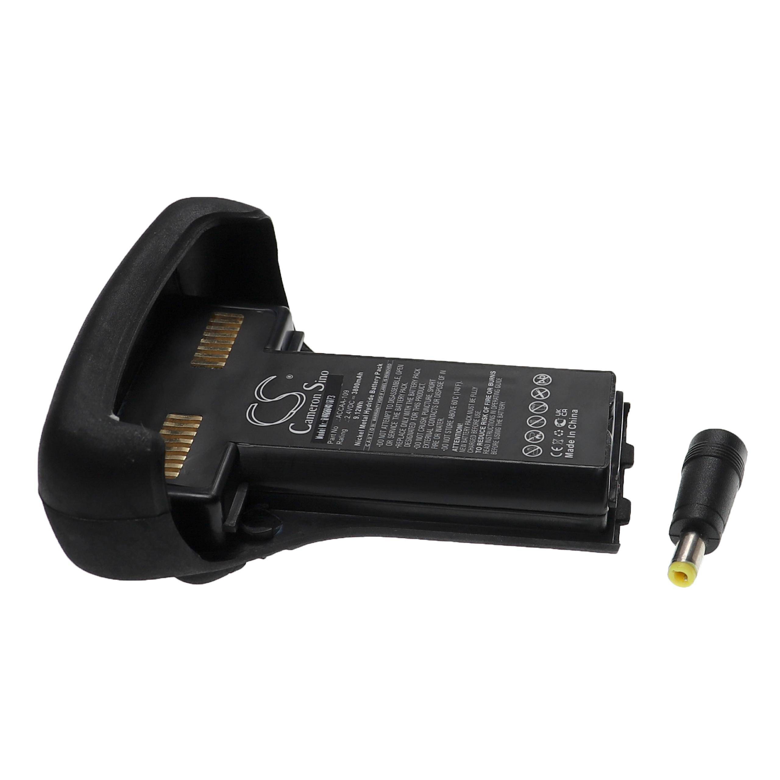 Schwarzer wiederaufladbarer Batteriepack mit separatem rundem DC-Ladestecker auf weißem Hintergrund.