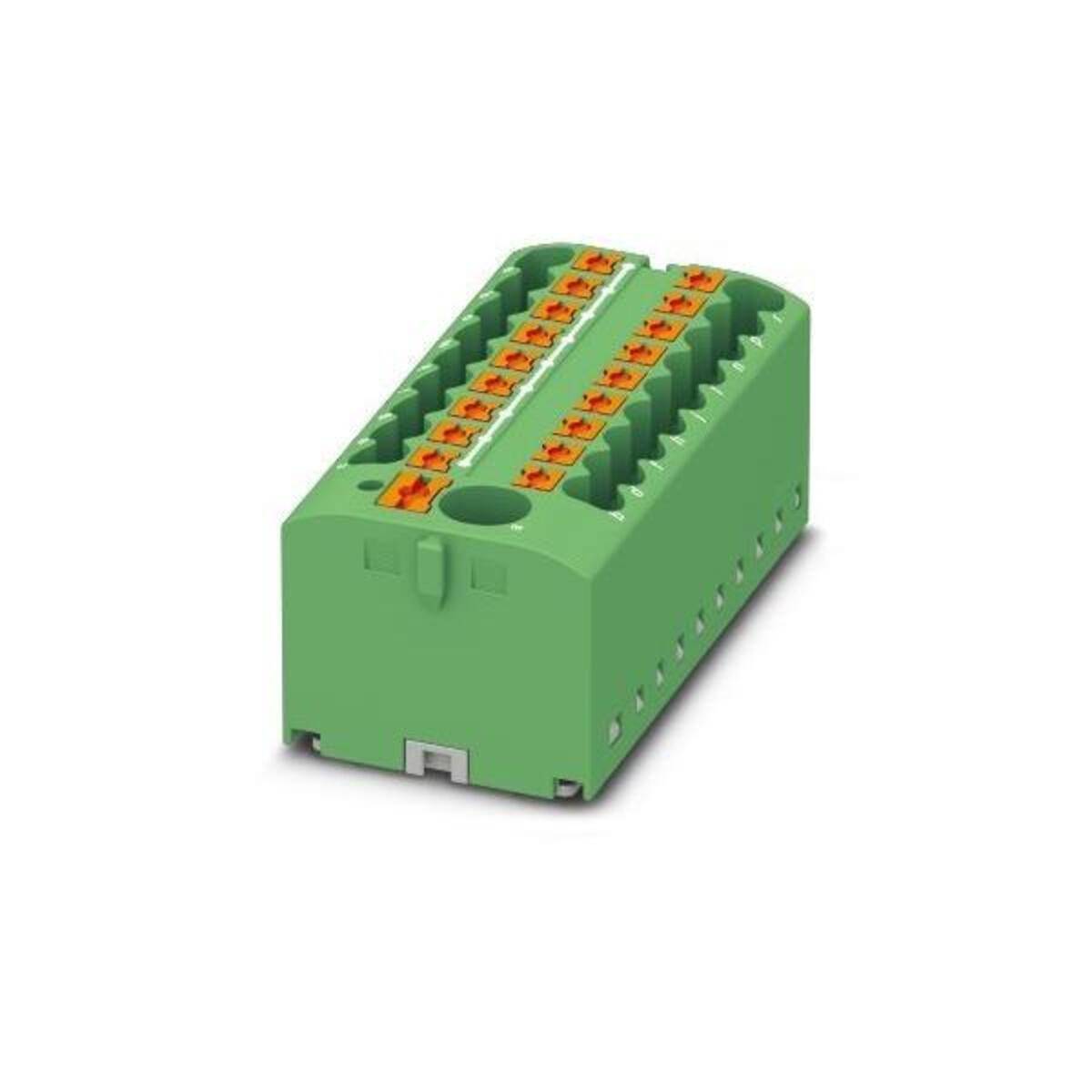 Grüner elektrischer Anschlussblock mit zwei Reihen von orangefarbenen Federklemmen-Drahtverbindungen, dargestellt auf weißem Hintergrund.
