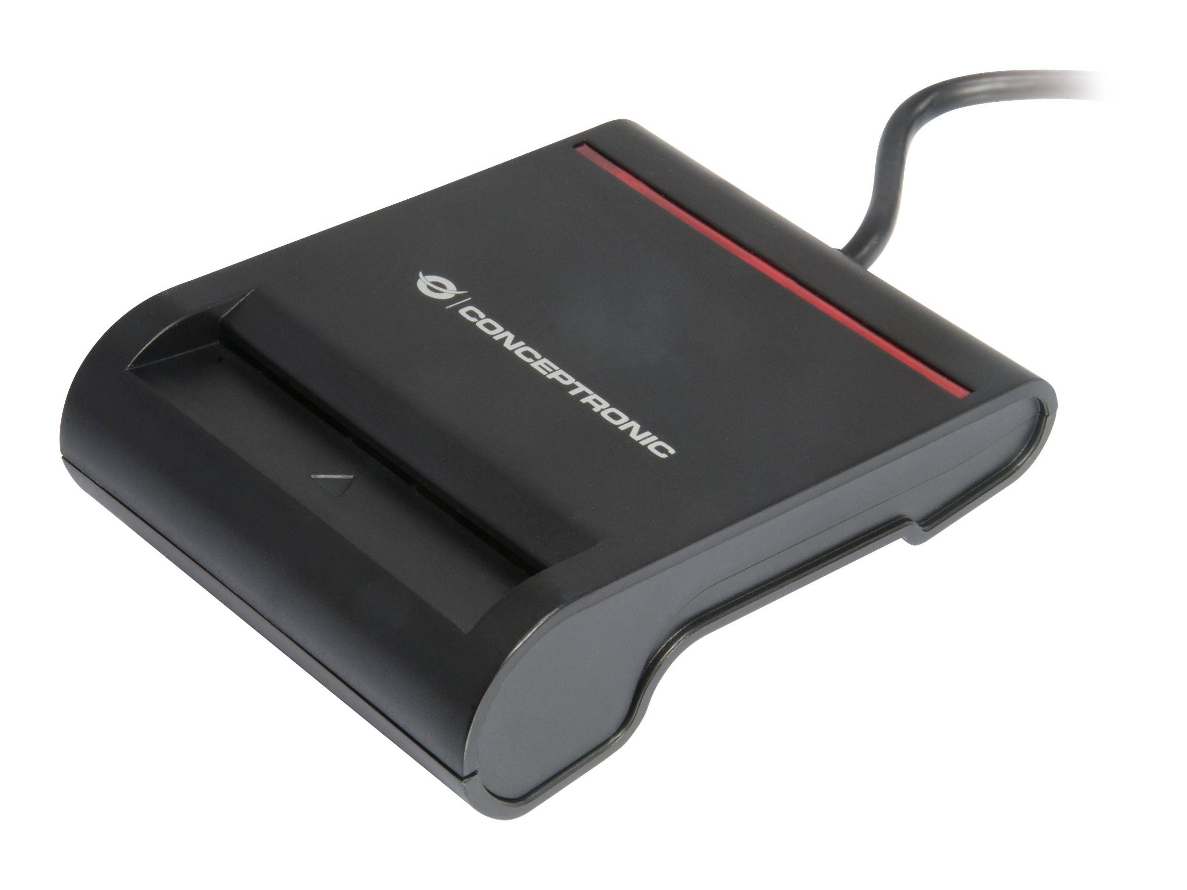 Schwarzes Conceptronic Externe-Festplattengehäuse mit angebrachtem Kabel und roter Akzentlinie auf weißem Hintergrund.