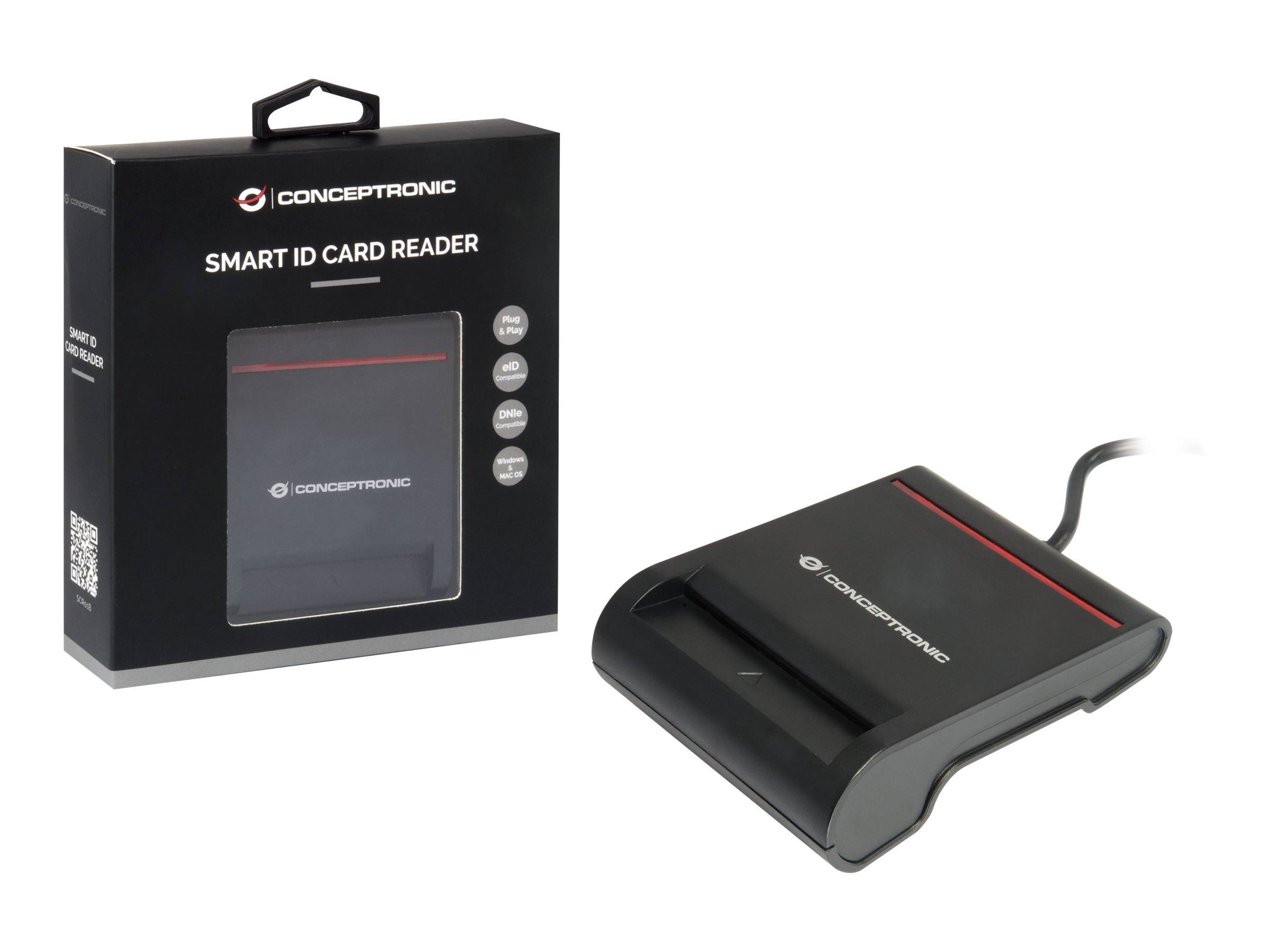 Concepttronic Smart-ID-Kartenleser, gezeigt mit seiner Einzelhandelsverpackung und dem schwarzen USB-Lesegerät auf weißem Hintergrund.