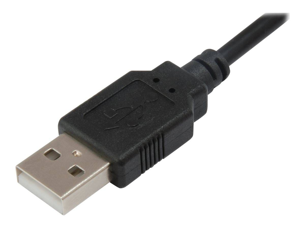 Ein schwarzer USB-A-Stecker mit Kabel, in Nahaufnahme auf weißem Hintergrund gezeigt.