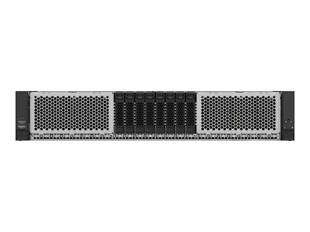 Frontansicht eines Rack-Mount-Server-Gehäuses mit Lüftungsgittern und mehreren Laufwerk-Schächten in der Mitte.