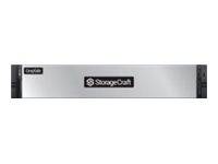 Ein silberner StorageCraft-Rack-Server mit schwarzen Seitenpaneelen und zentriertem Logo auf einem schlichten weißen Hintergrund.