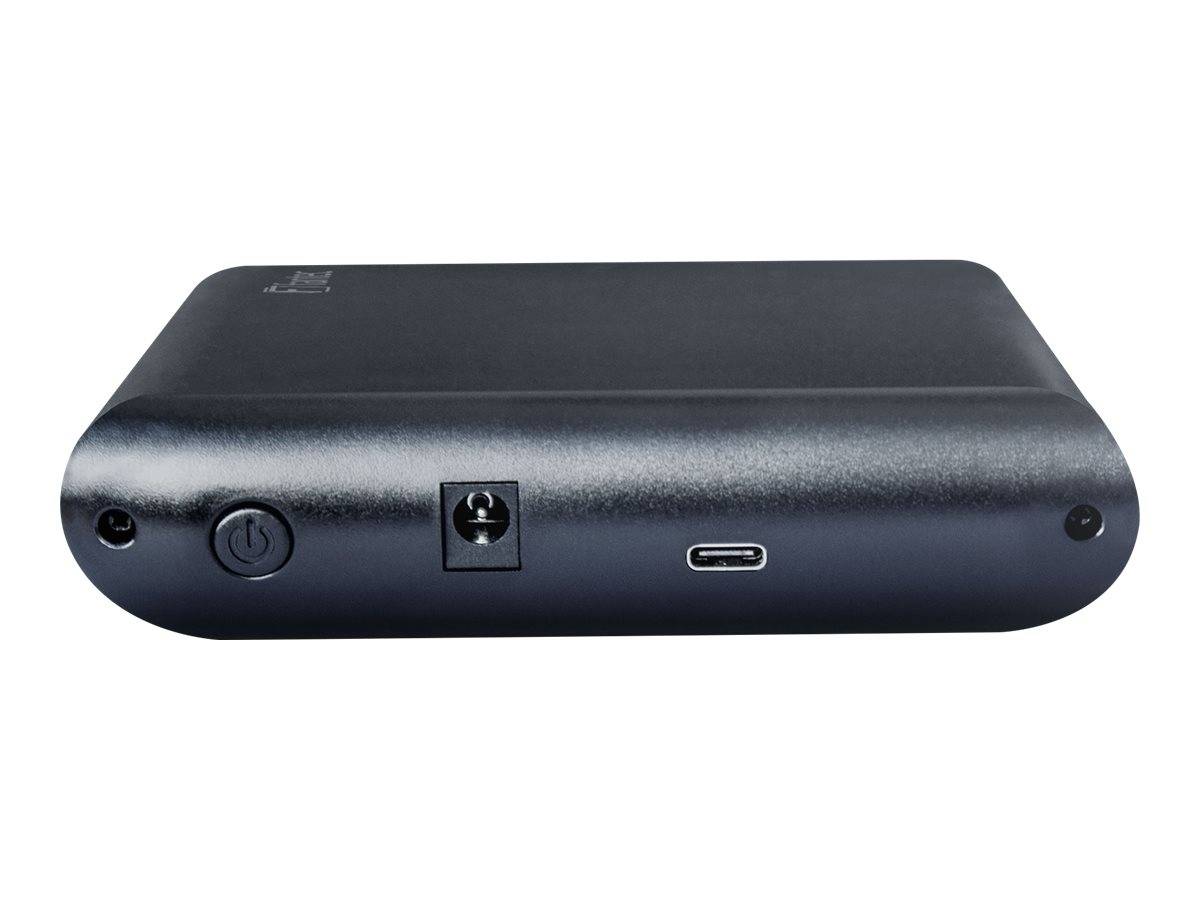 Schwarzes rechteckiges elektronisches Gerät, frontal dargestellt mit einem Netzschalter, einer Stromversorgungsbuchse und einem USB-C-Anschluss auf der Frontplatte.