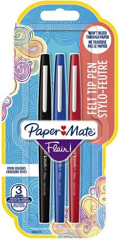 Papermate Flair Original, Medium, 3 Farben, Schwarz, Blau, Rot, Rundspitze, 1 mm, Schwarz, Blau, Rot