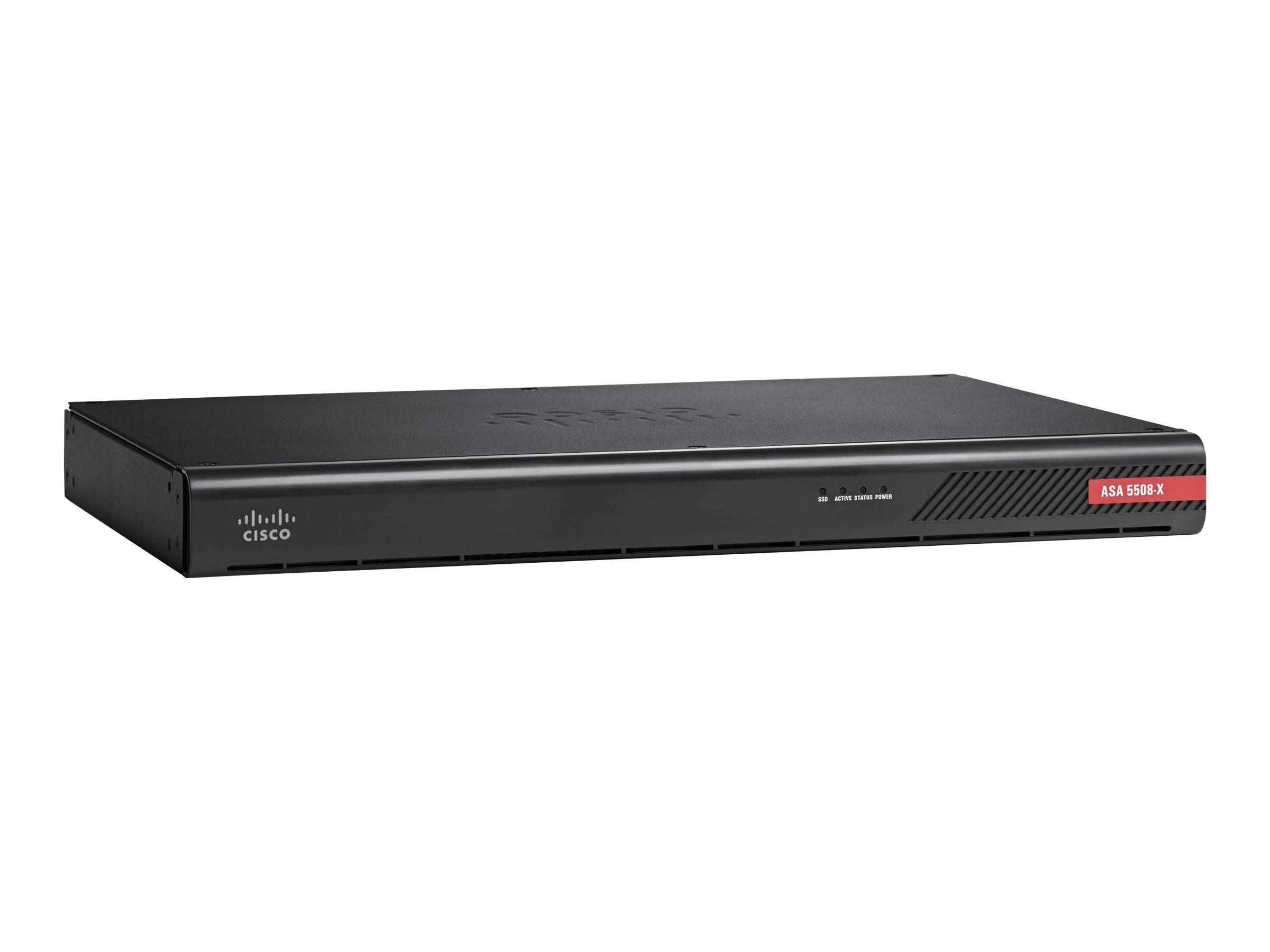 Schwarzes Cisco ASA 5508-X-Sicherheitsgerät mit vorderen Statusleuchten und rotem Modell-Label auf weißem Hintergrund.